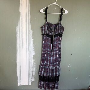 Plaid Sleeveless Dress with Black Lace Trim